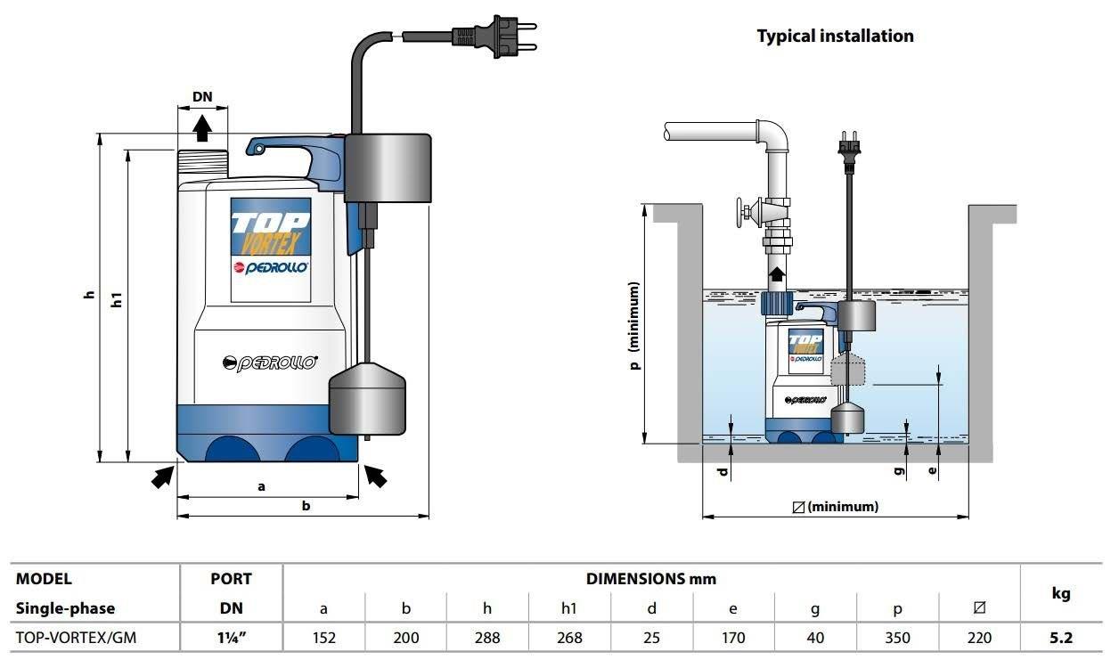 Pedrollo Pompa - Pedrollo TOP 3 Vortex GM Flatörlü Plastik Gövdeli Drenaj Dalgıç Pompa