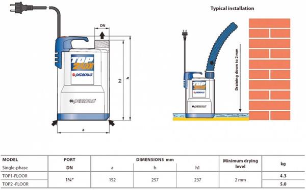 Pedrollo Pompa - Pedrollo TOP2 FLOOR Sıfırdan Emişli Plastik Gövdeli Drenaj Dalgıç Pompa 9 mss 9.6 m³/h