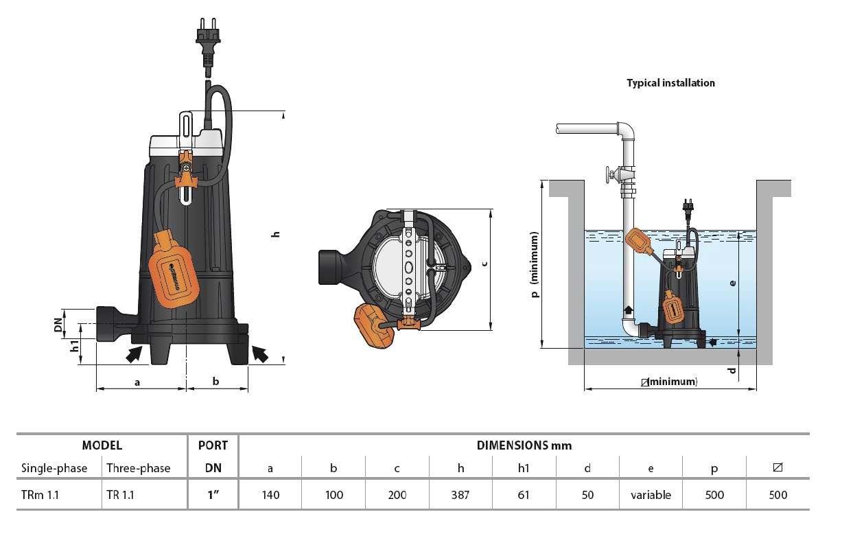Pedrollo Pompa - Pedrollo TR 0.75 Parçalayıcı Bıçaklı (Öğütücülü) Foseptik Dalğıç Pompa Trifaze (380V) 16,5 mss 7.5 m³/h
