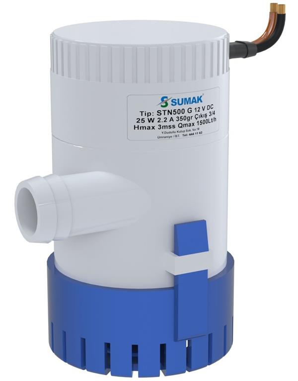 Sumak Pompa - Sumak STN500G Sintine Dalgıç Pompa 3 mss 1500 litre/h 12 VOLT -Manuel-