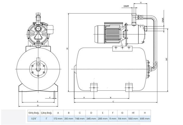 Wilo - Wilo Aqua SPS 50-5.56 Paslanmaz Jet Pompalı 50 Lt Tanklı Otomatik Hidrofor 7 Kat 10 Daire, 1.5Hp