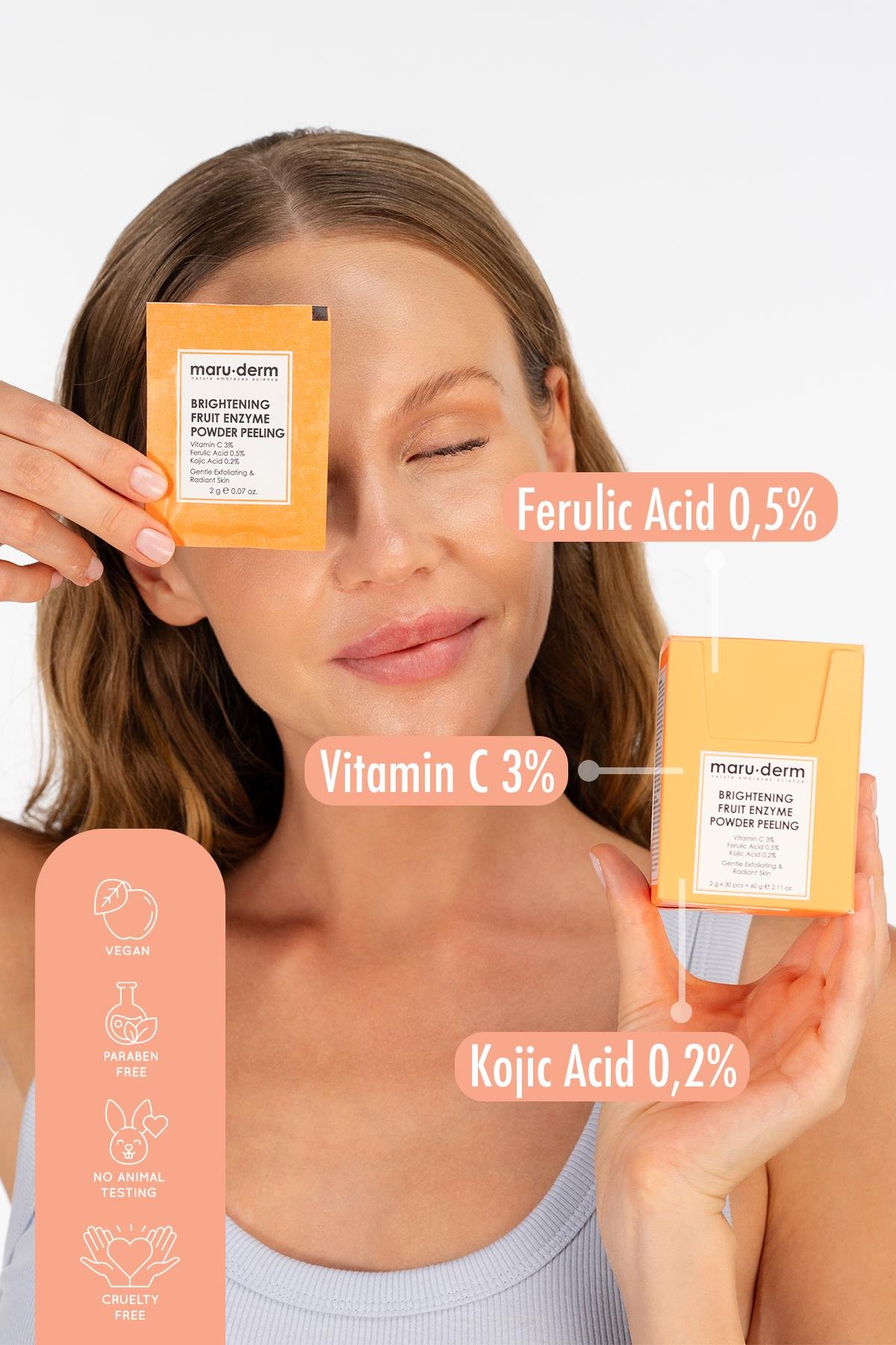 Maruderm Aydınlatıcı Meyve Enzim Toz Peeling 60 GR (Vitamin C 3% + Ferulic Acid 0,5% + Kojic Acid 0,2%)