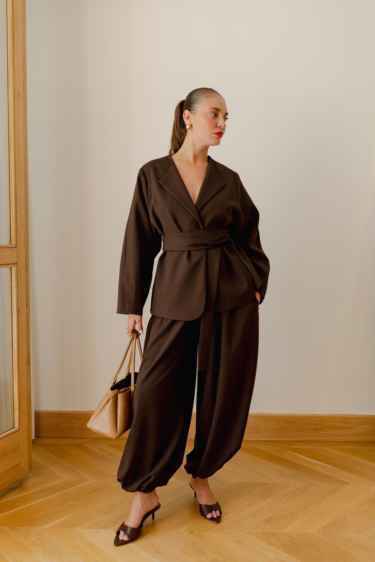 Acı Kahve Balon Kol Kuşaklı Kimono