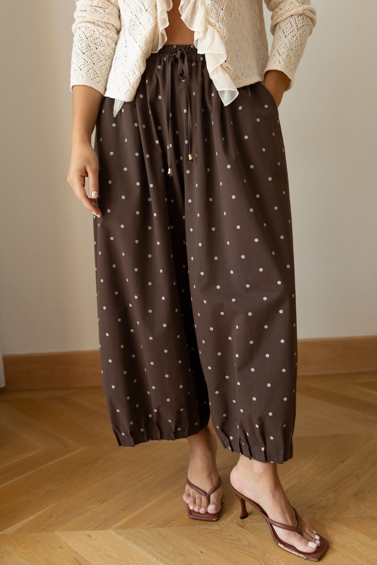 Acı Kahve Beli Lastikli Puantiyeli Slouchy Pantolon