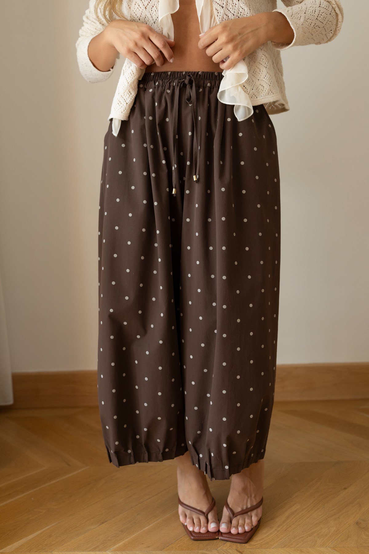 Acı Kahve Beli Lastikli Puantiyeli Slouchy Pantolon