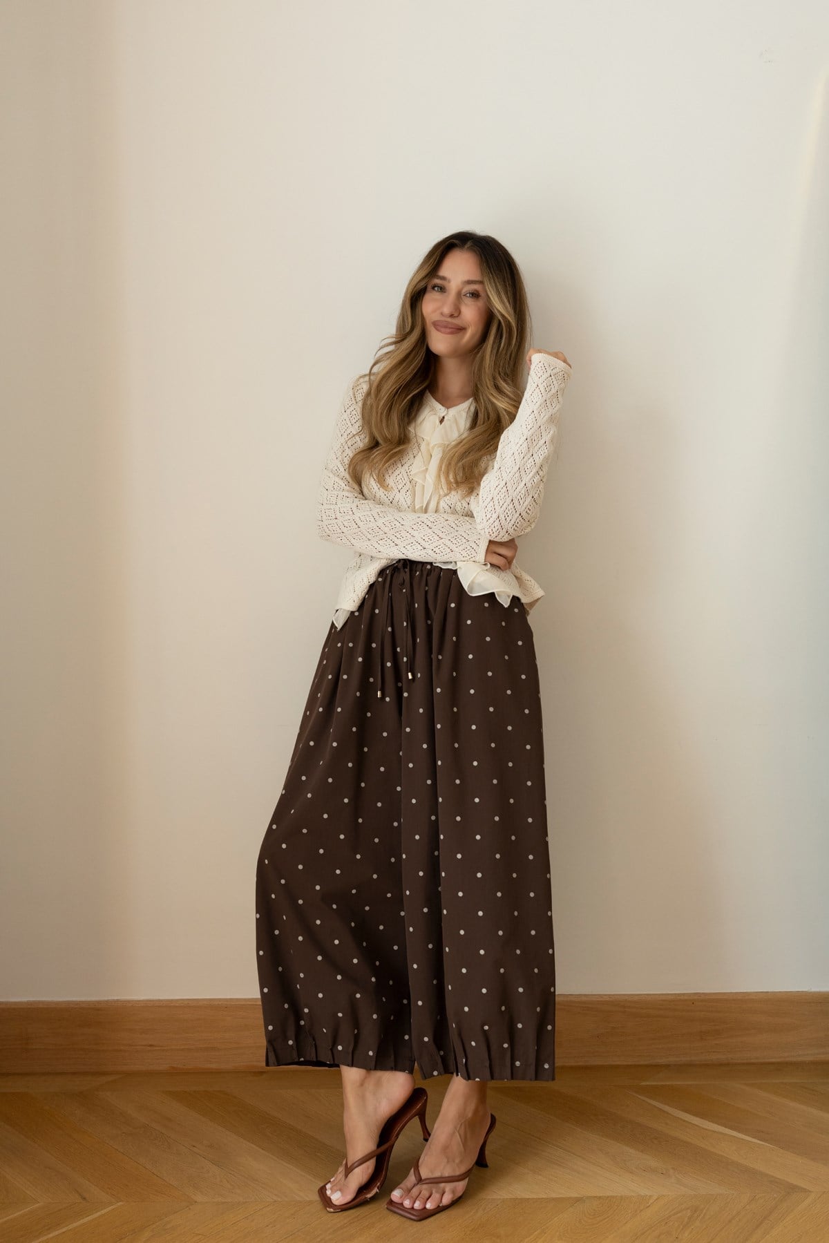 Acı Kahve Beli Lastikli Puantiyeli Slouchy Pantolon