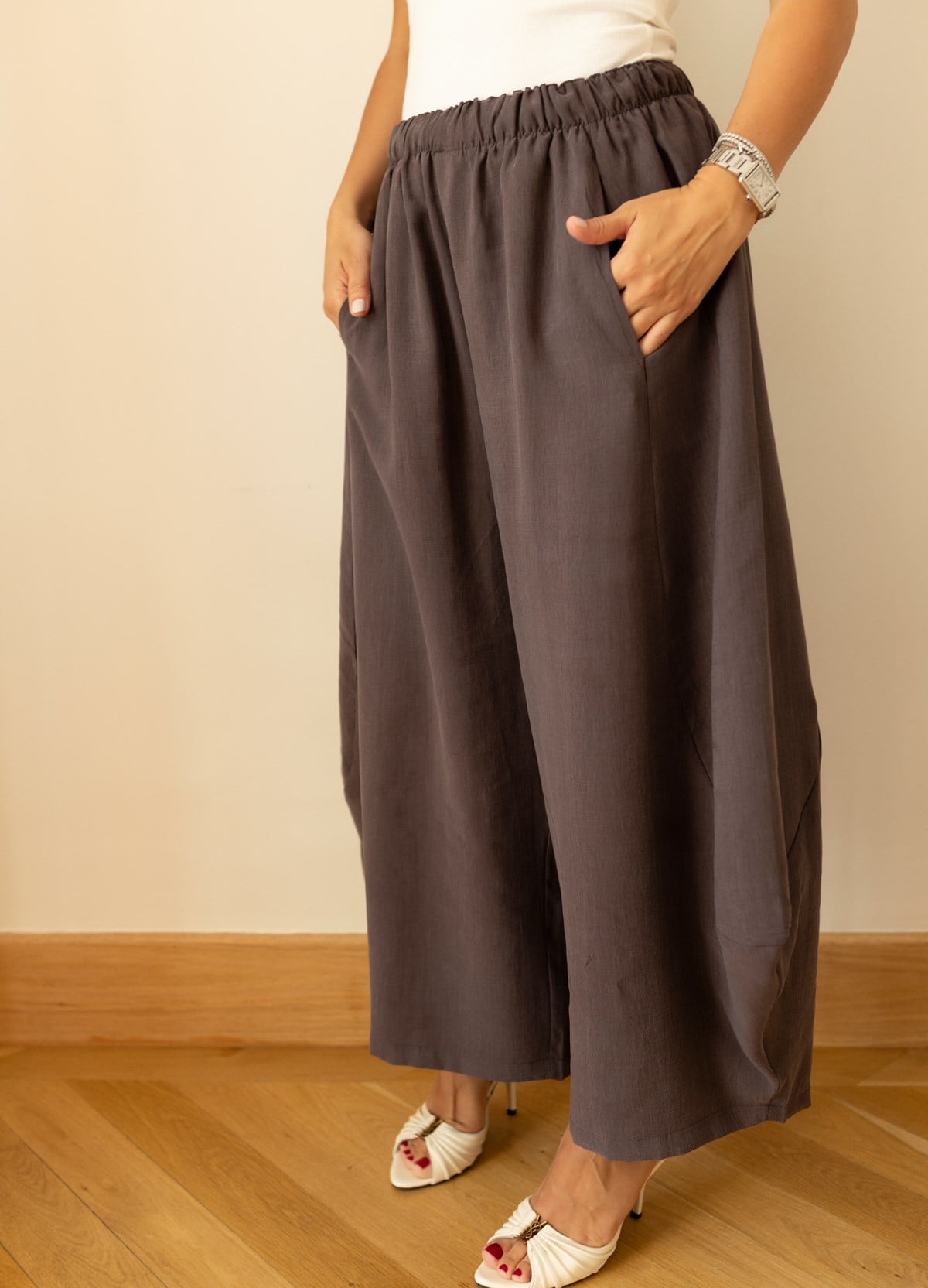 Acı Kahve Beli Lastikli Tensel Kumaş Şalvar Pantolon