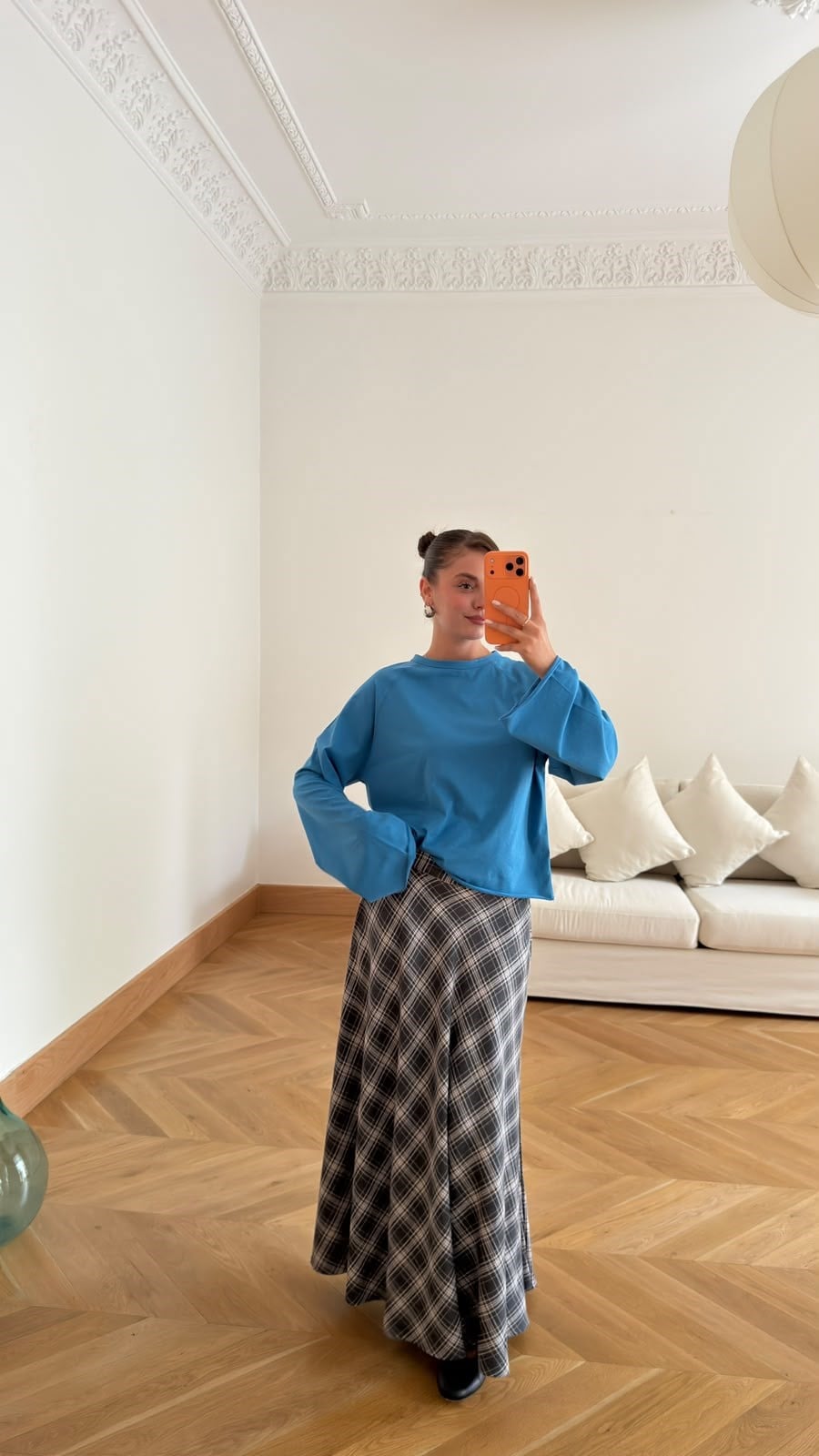Antrasit-Bej Yanlardan Cepli Ekoseli Etek