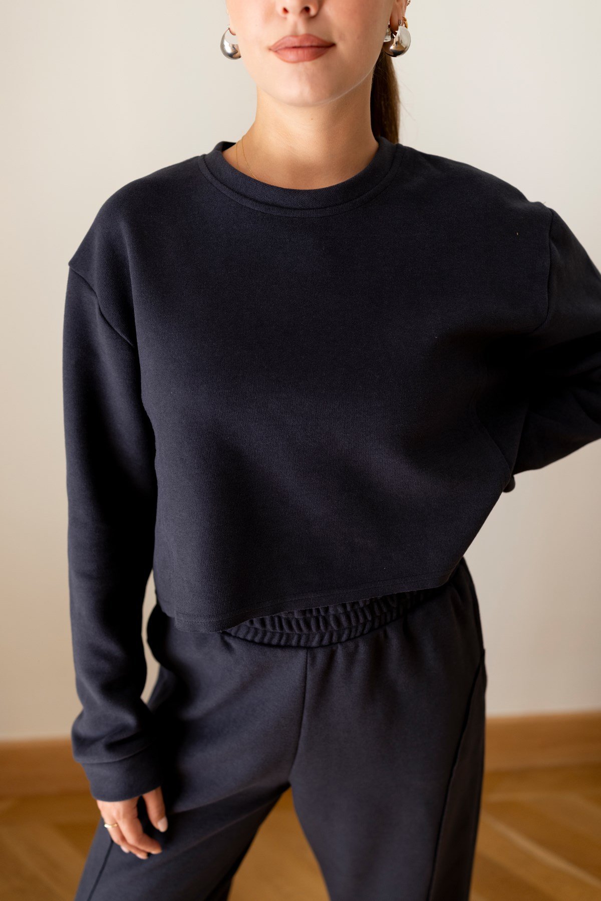 Antrasit Crop Sweat Eşofman Takım