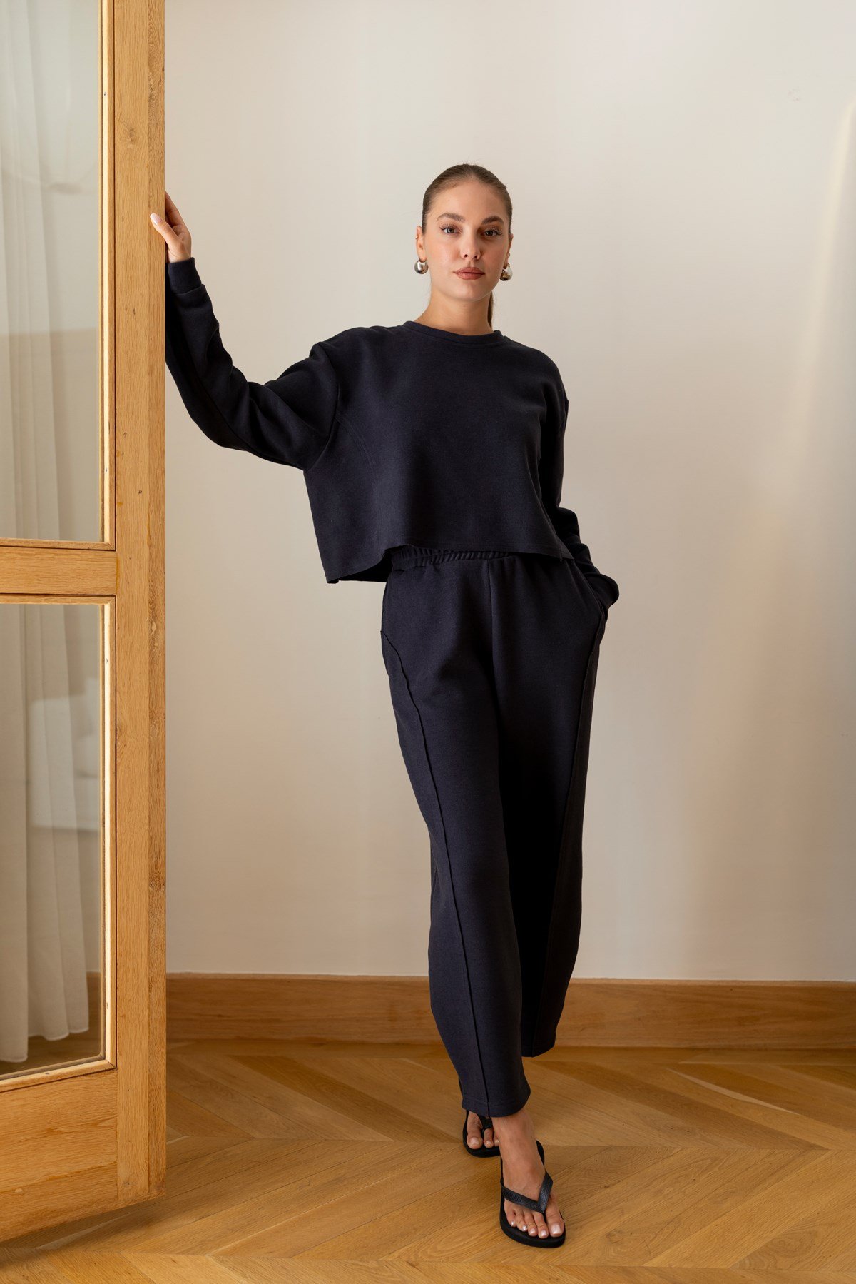 Antrasit Crop Sweat Eşofman Takım