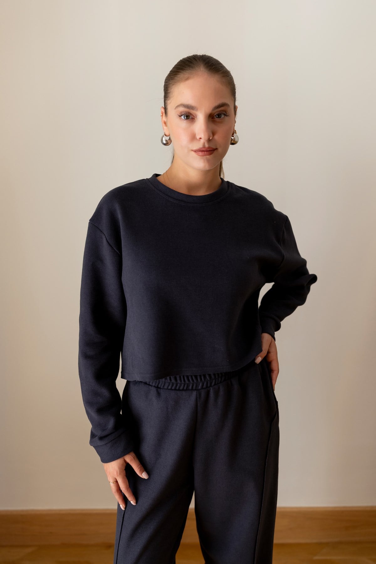 Antrasit Crop Sweat Eşofman Takım
