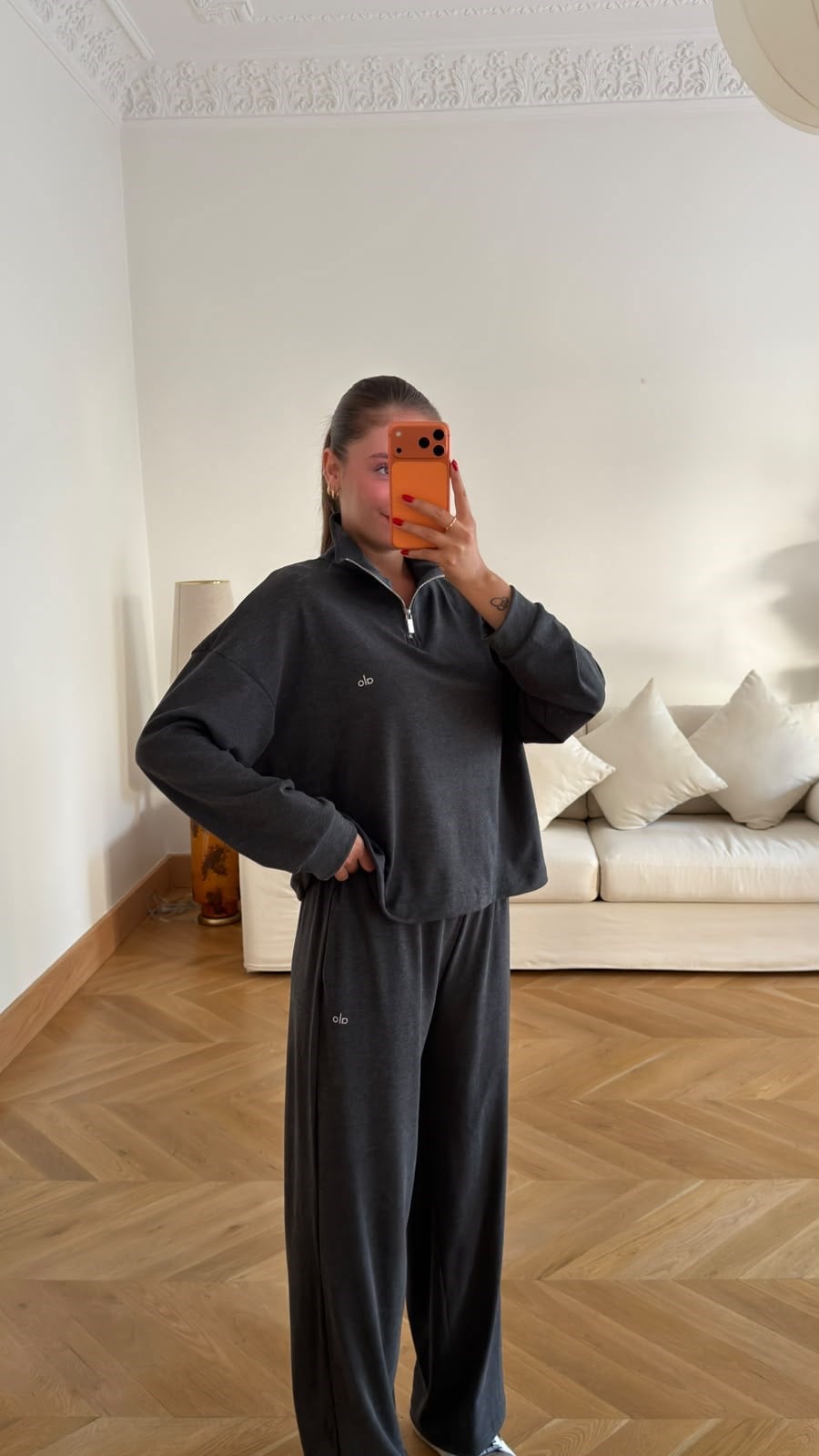 Antrasit Dik Yaka Fitilli Yazı Baskılı Sweat Ve Eşofman Takım