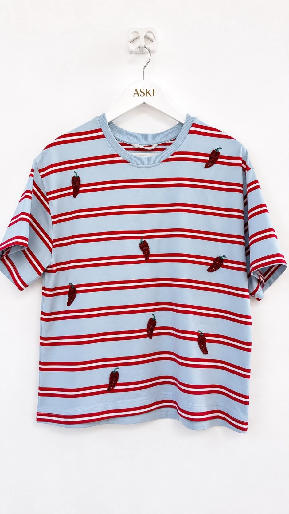 Bebe Mavi Çizgili Oversize Boncuk İşlemeli T-Shirt