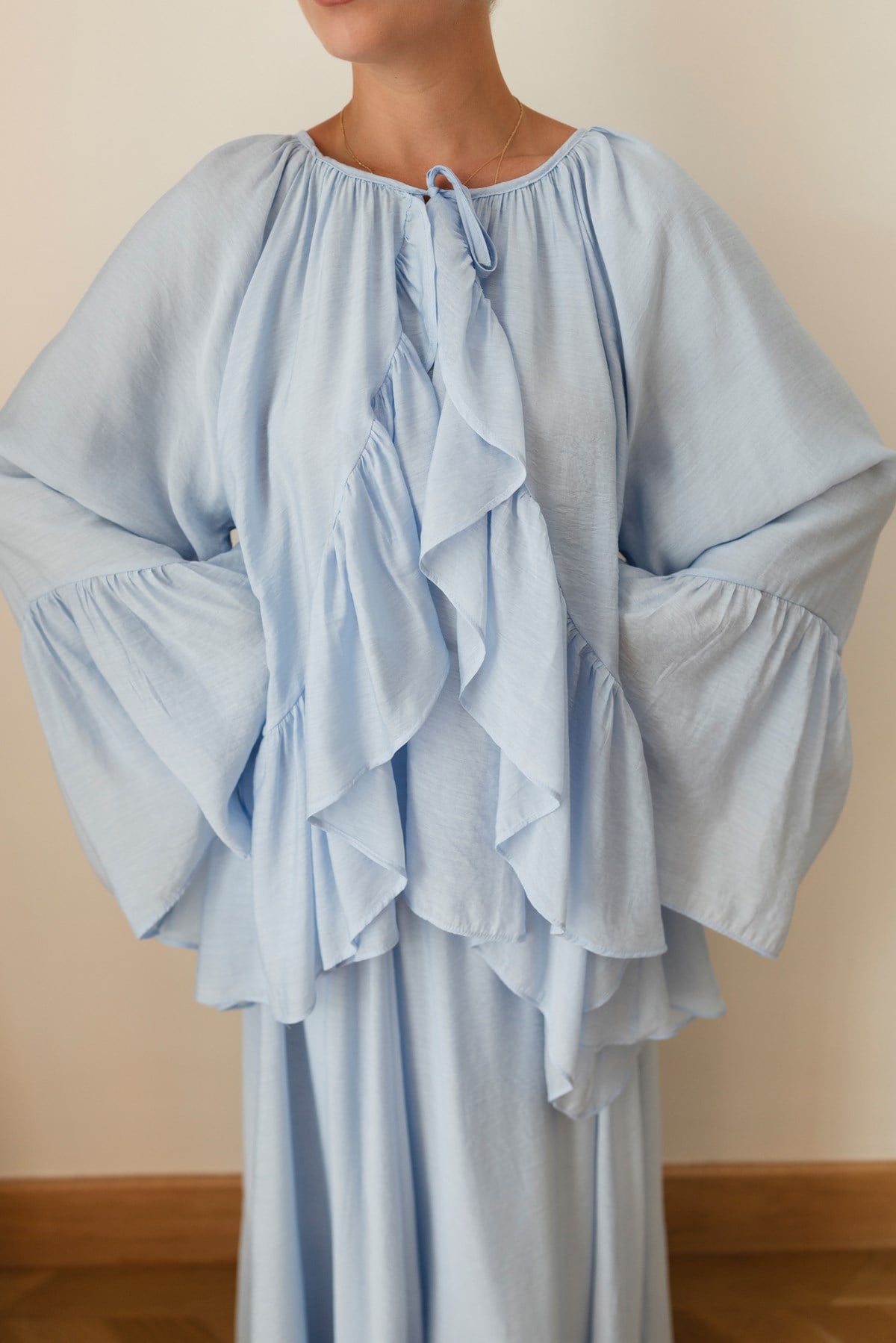 Bebe Mavi Oversize İspanyol Kol Bluz Etek Takım