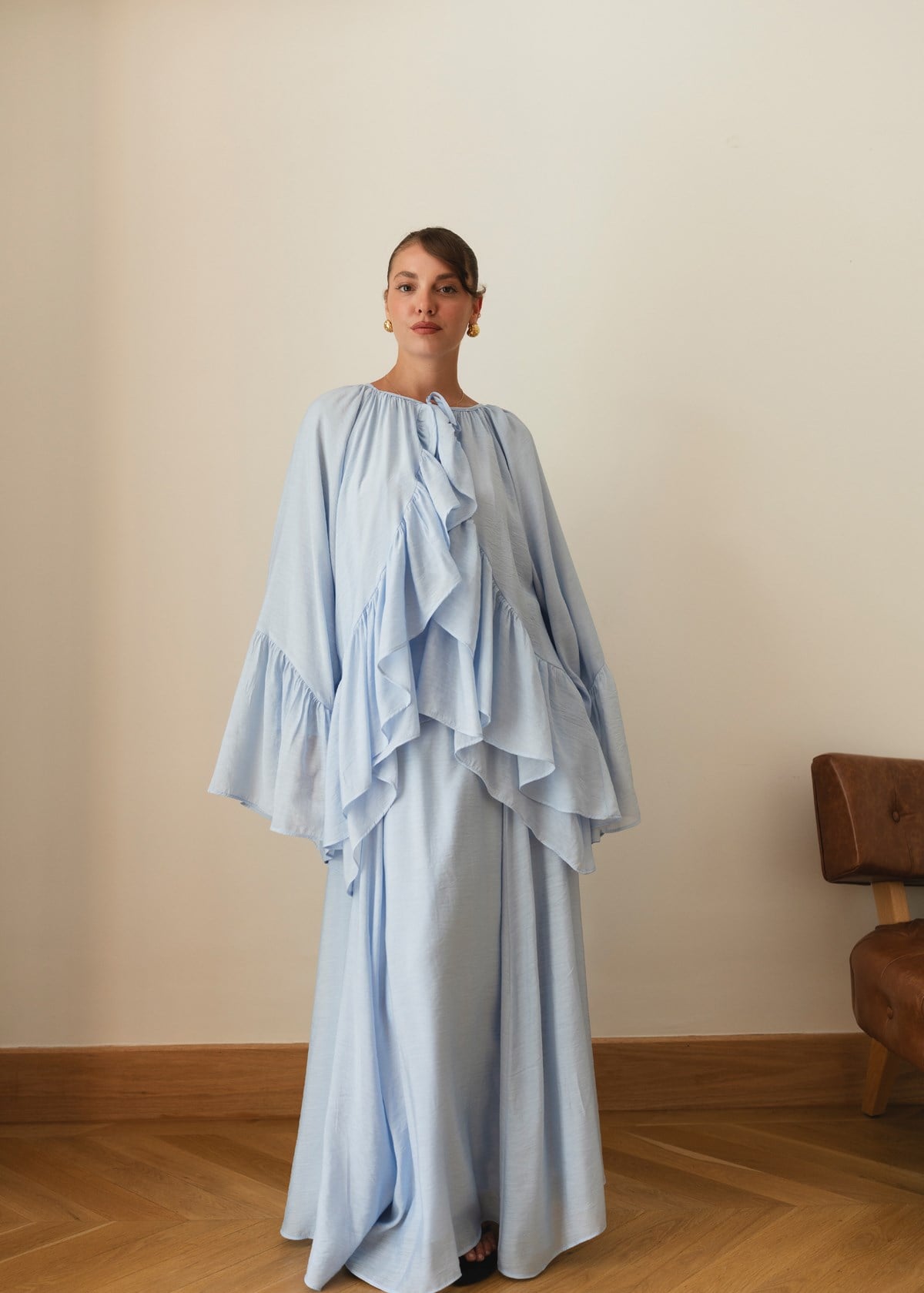 Bebe Mavi Oversize İspanyol Kol Bluz Etek Takım