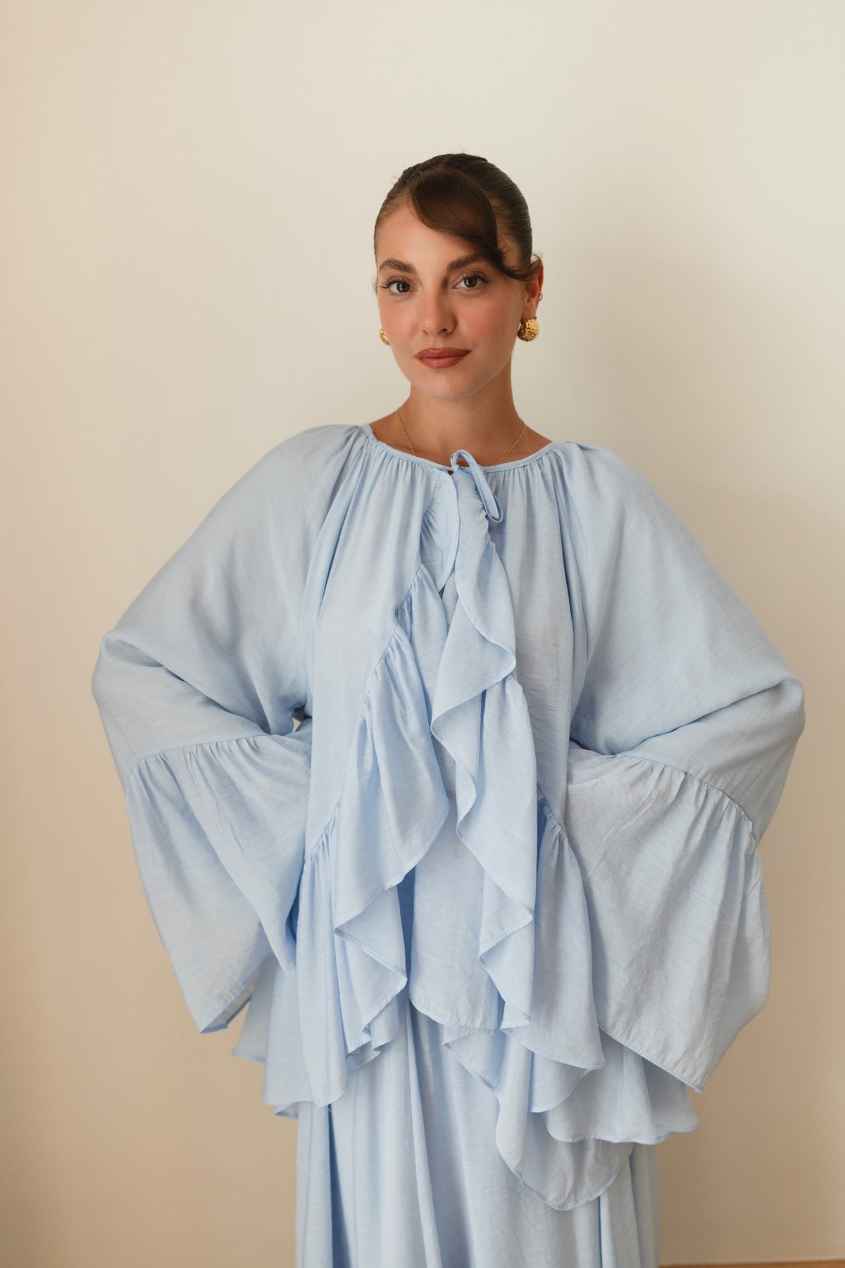 Bebe Mavi Oversize İspanyol Kol Bluz Etek Takım
