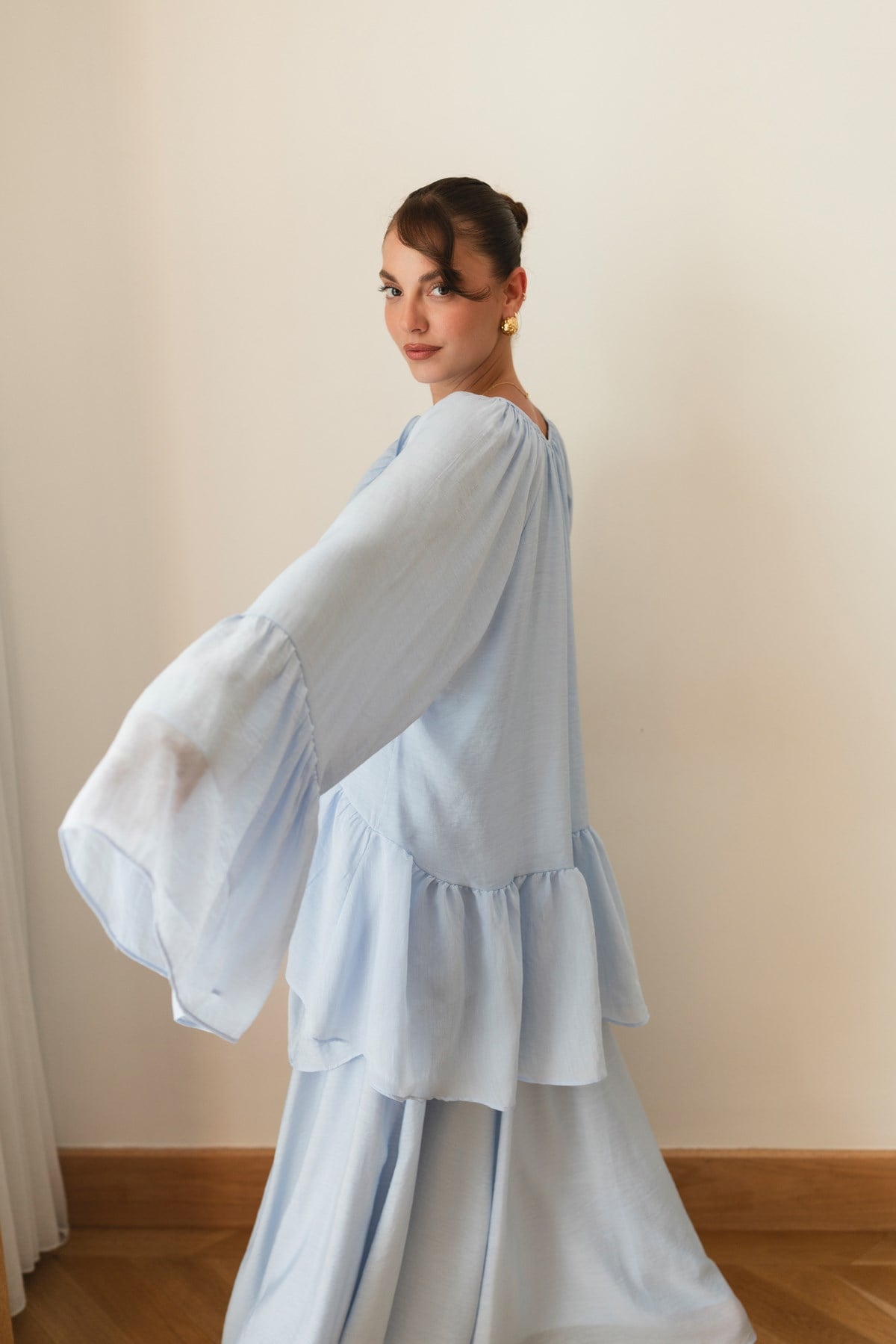 Bebe Mavi Oversize İspanyol Kol Bluz Etek Takım