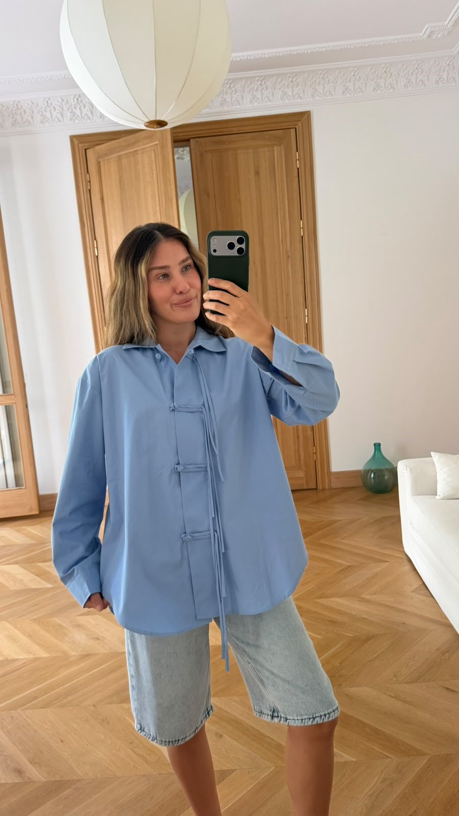 Bebe Mavi Oversize Japon Düğme Detaylı Gömlek