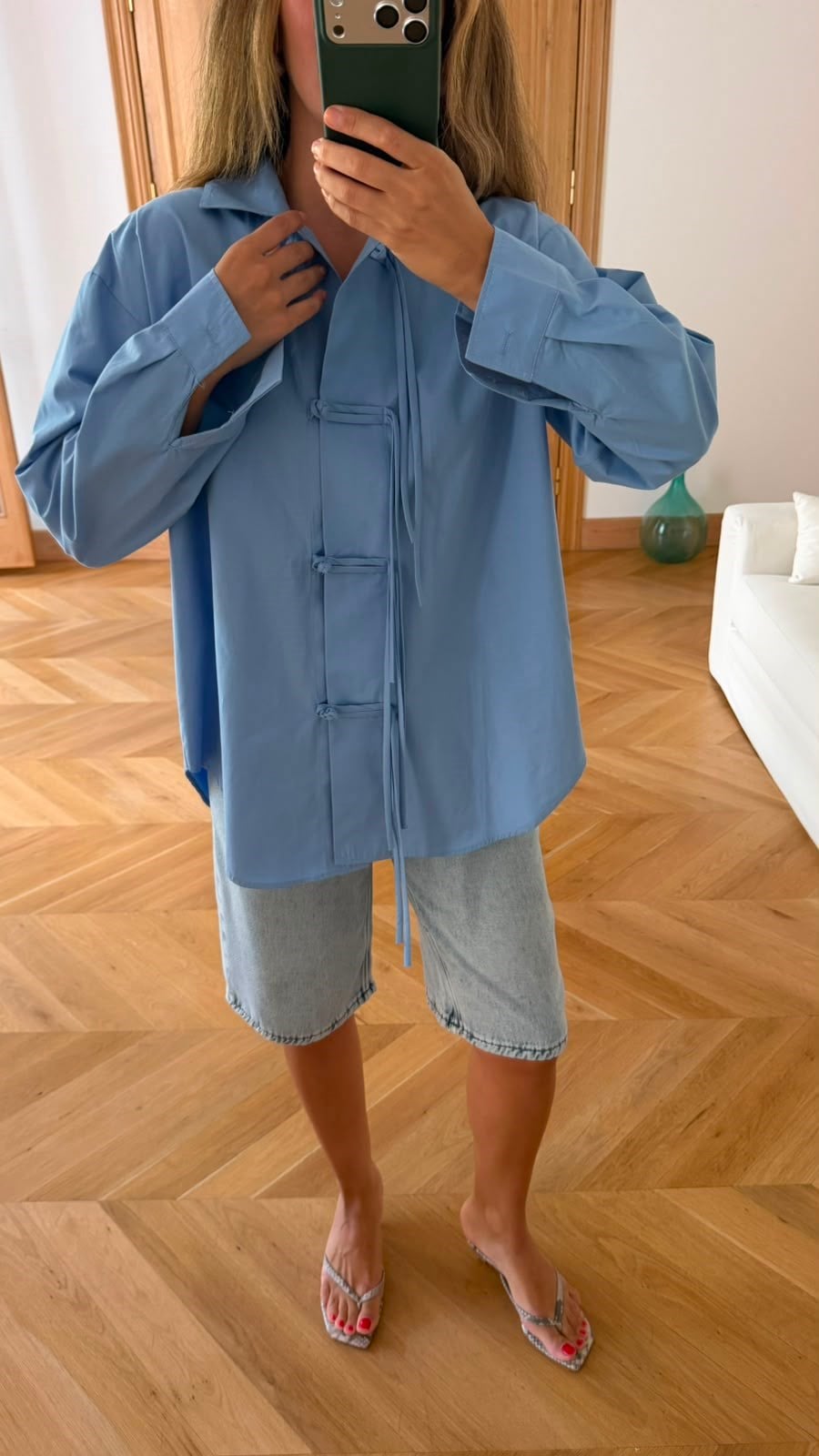 Bebe Mavi Oversize Japon Düğme Detaylı Gömlek