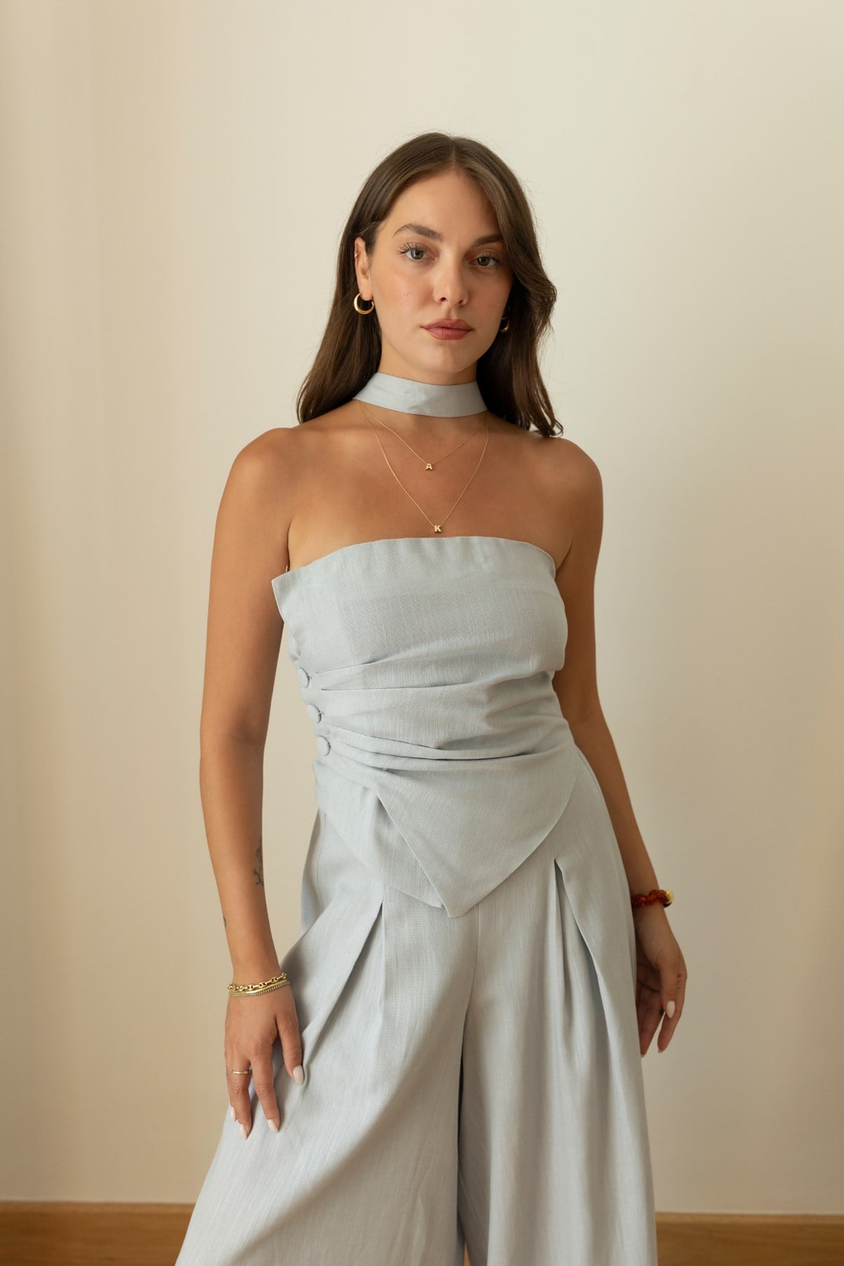 Bebe Mavi Sırtı Lastikli Straplez Crop Ve Pantolon Takım