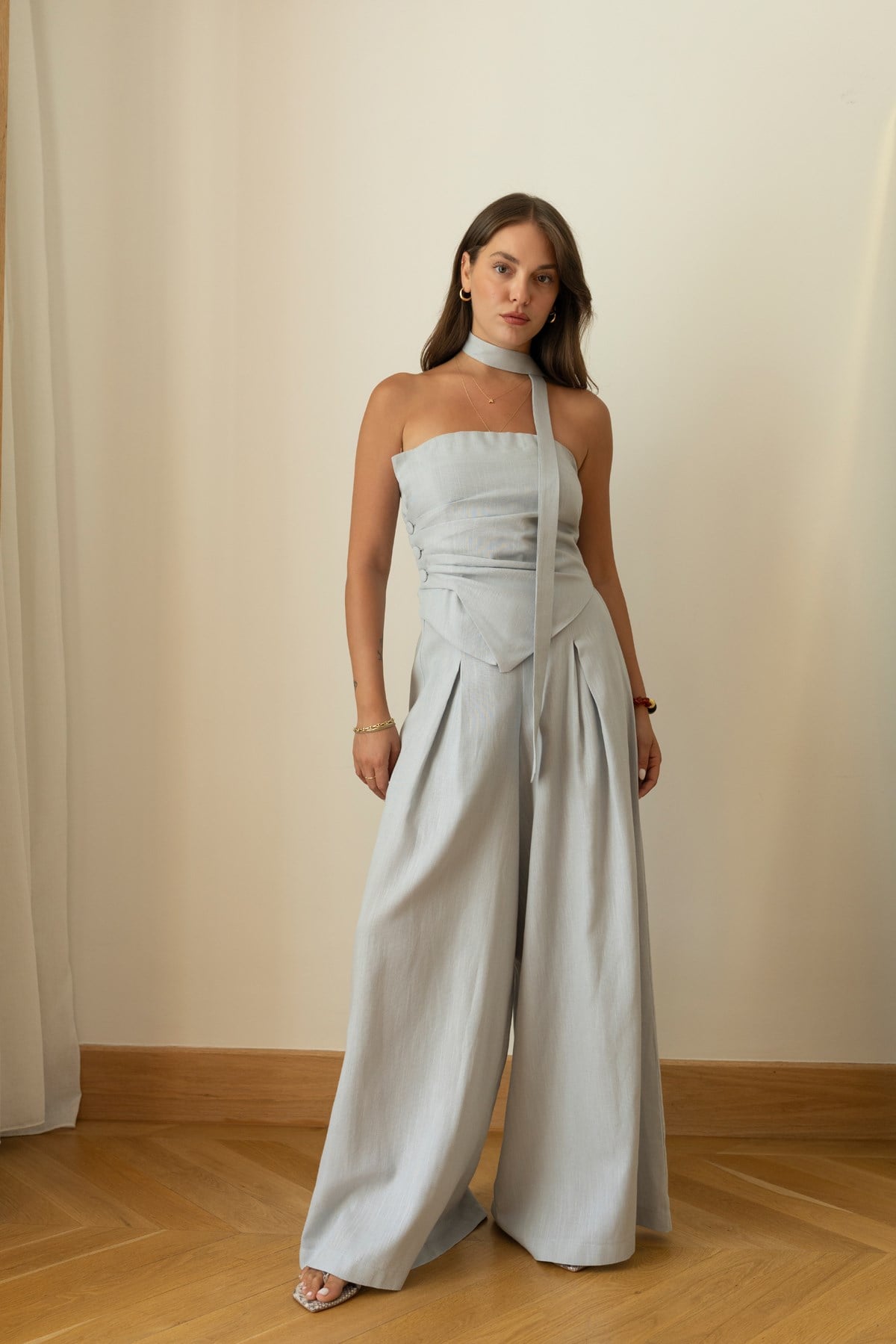 Bebe Mavi Sırtı Lastikli Straplez Crop Ve Pantolon Takım