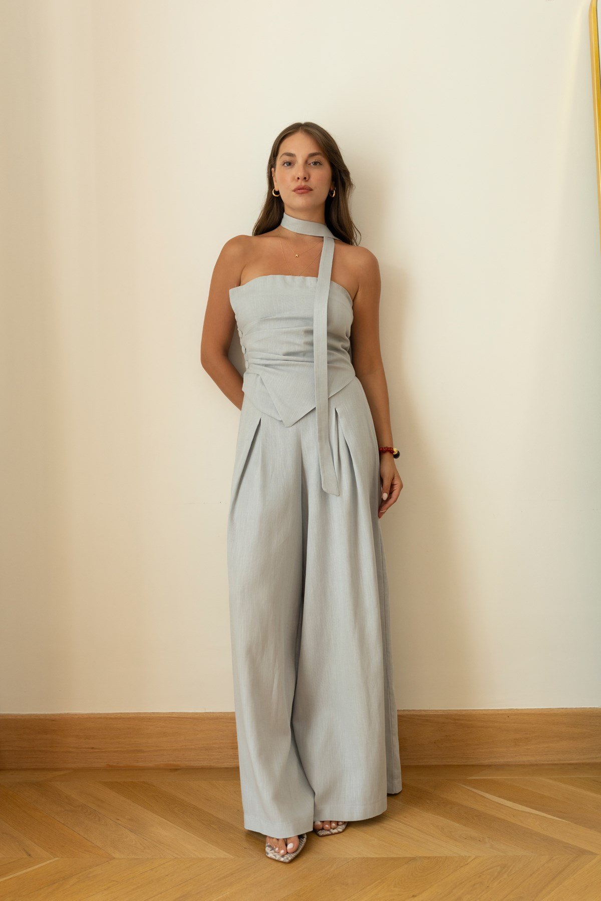 Bebe Mavi Sırtı Lastikli Straplez Crop Ve Pantolon Takım