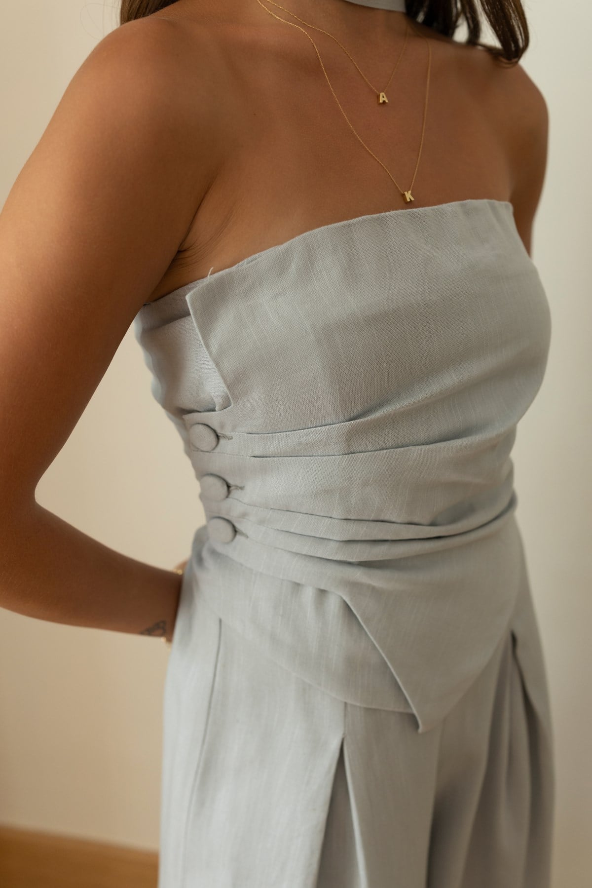 Bebe Mavi Sırtı Lastikli Straplez Crop Ve Pantolon Takım
