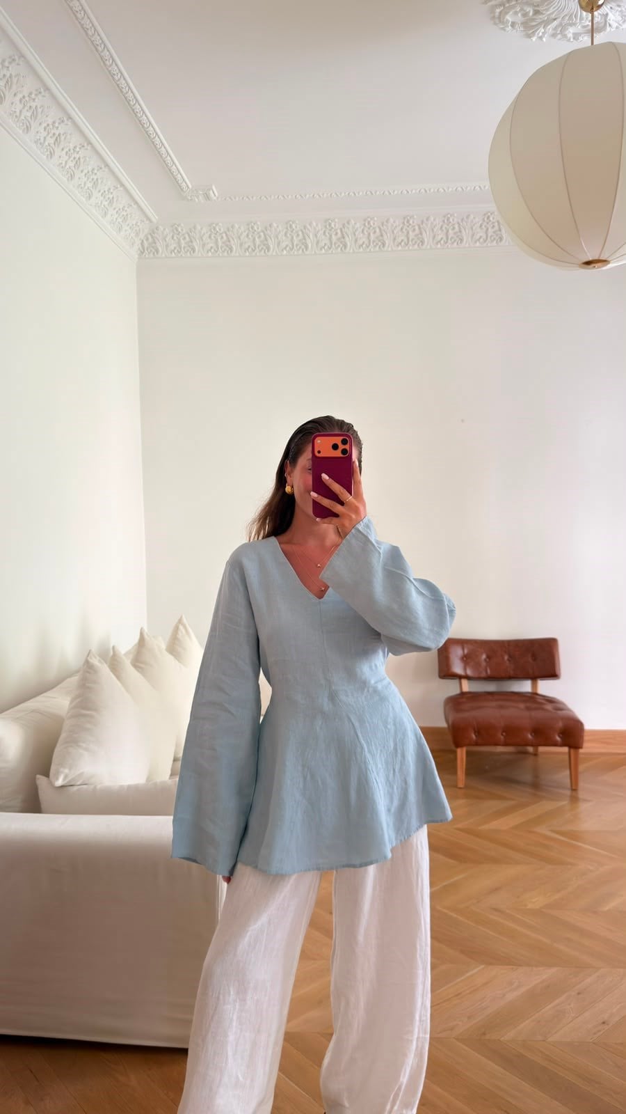 Bebe Mavi V Yaka Belden Bağlamalı Keten Bluz