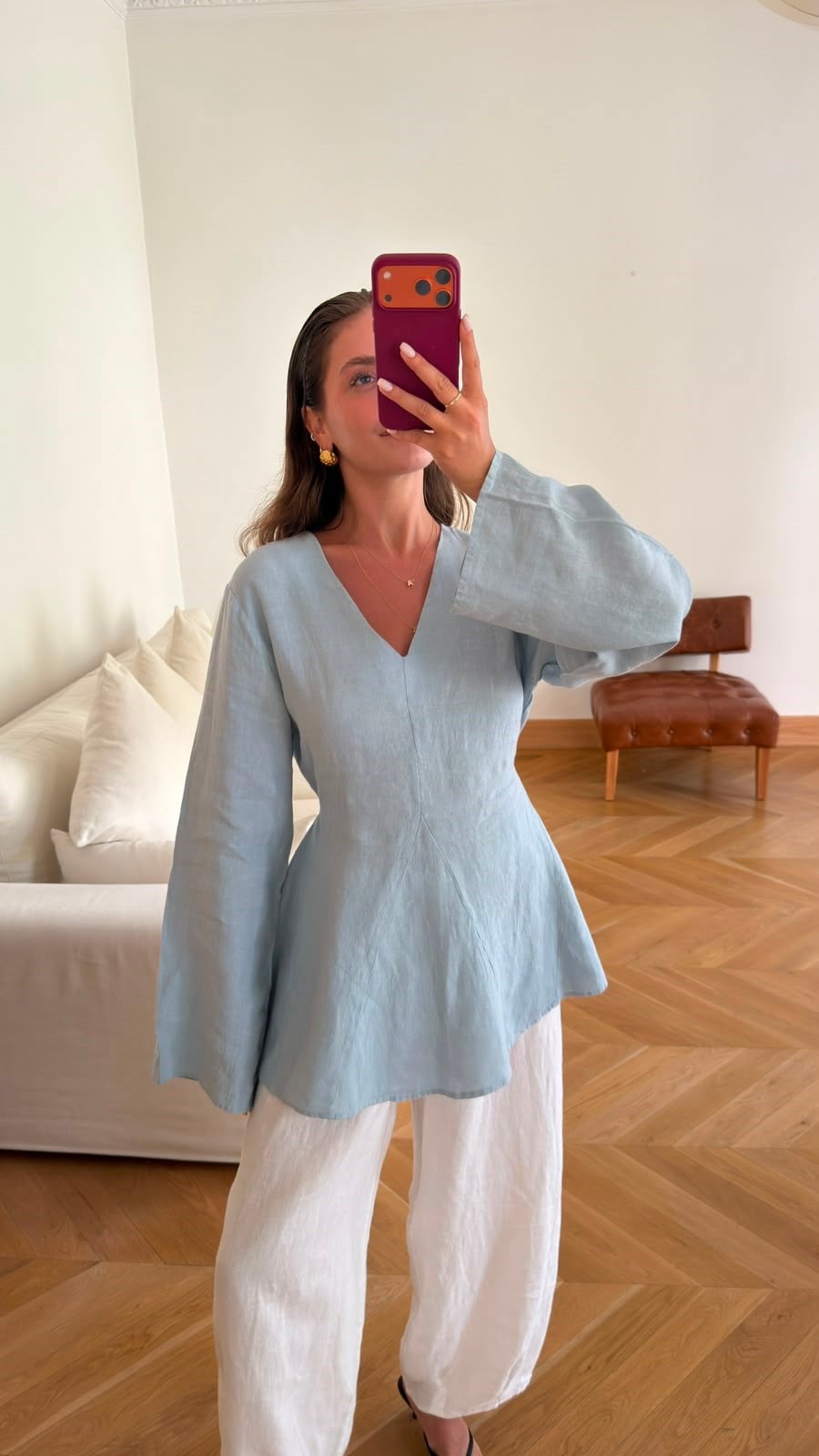 Bebe Mavi V Yaka Belden Bağlamalı Keten Bluz