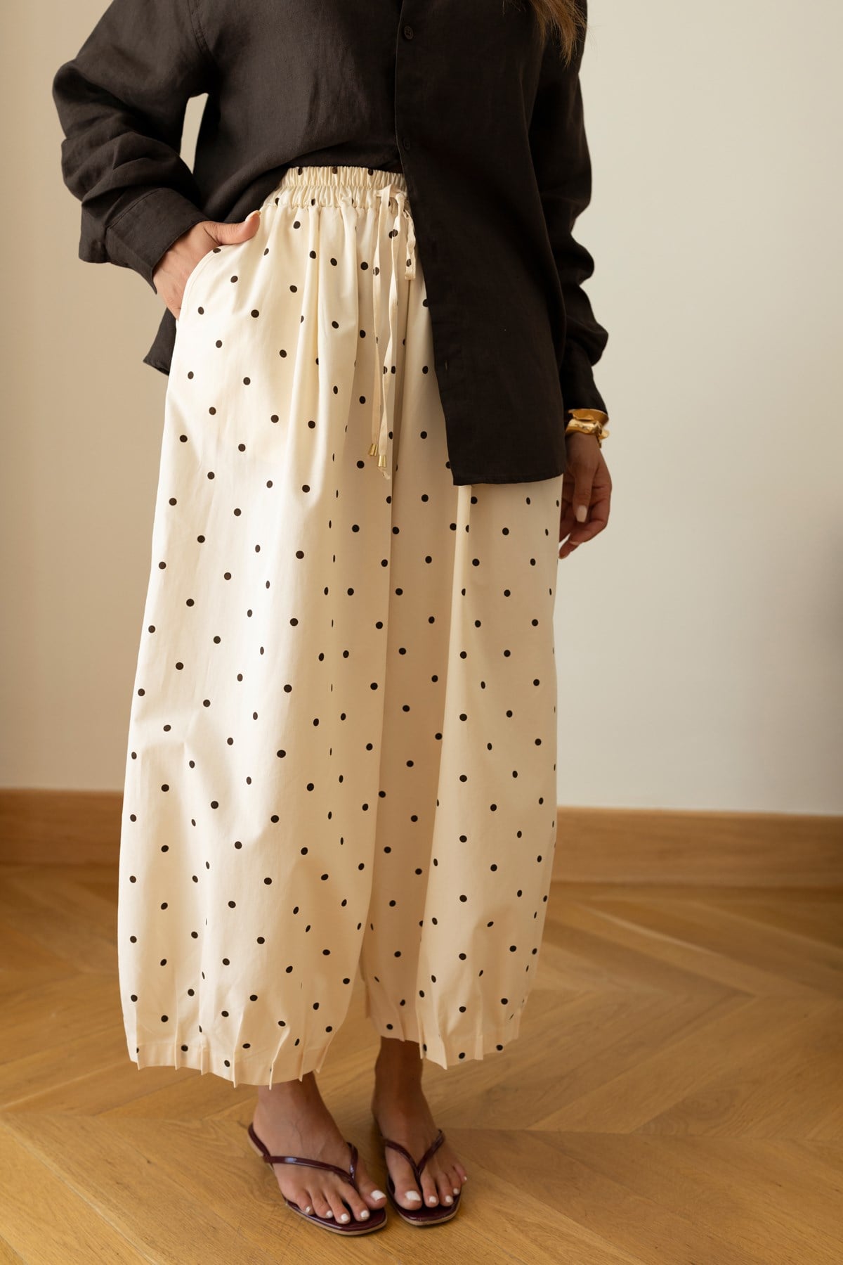Bej Beli Lastikli Puantiyeli Slouchy Pantolon