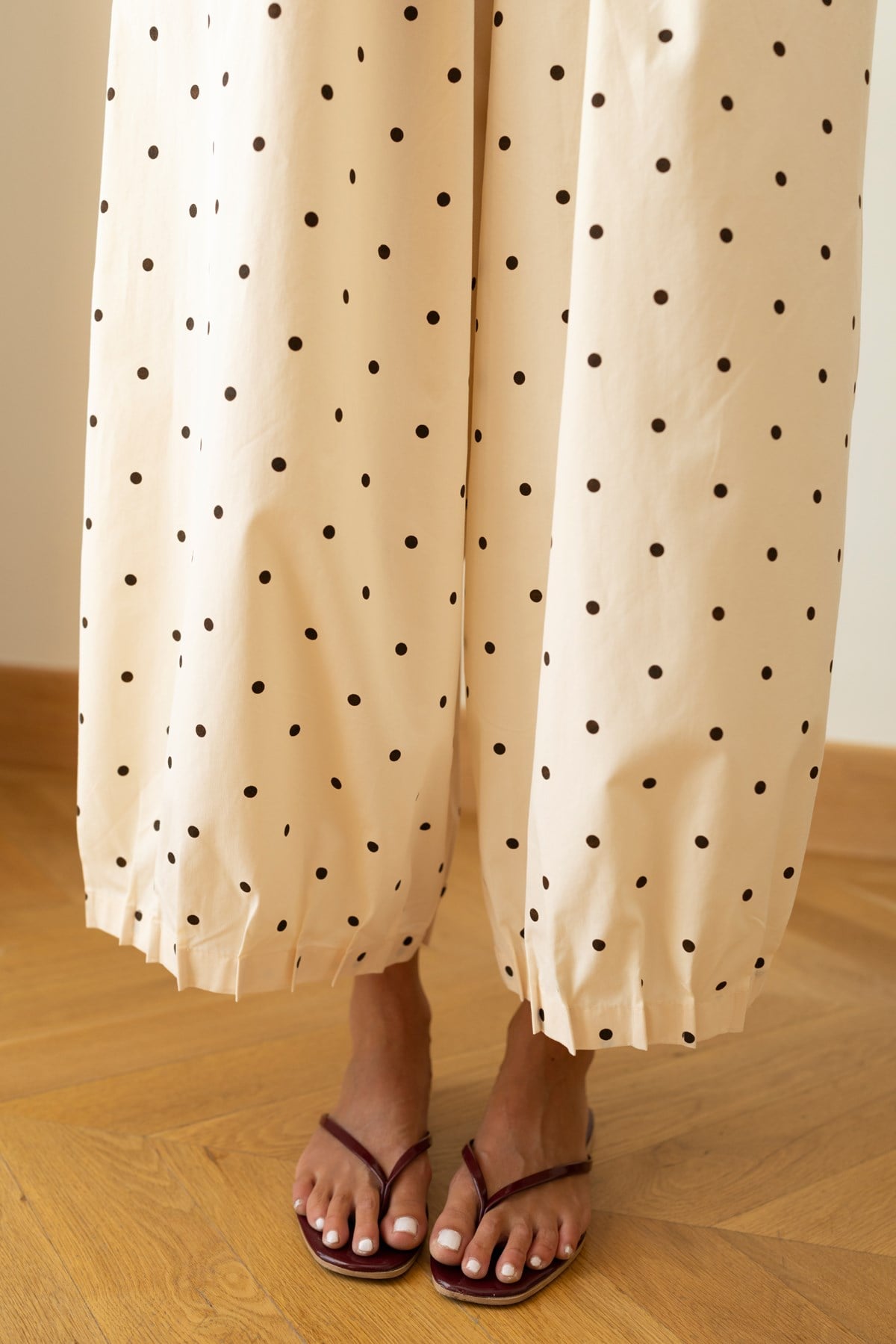 Bej Beli Lastikli Puantiyeli Slouchy Pantolon