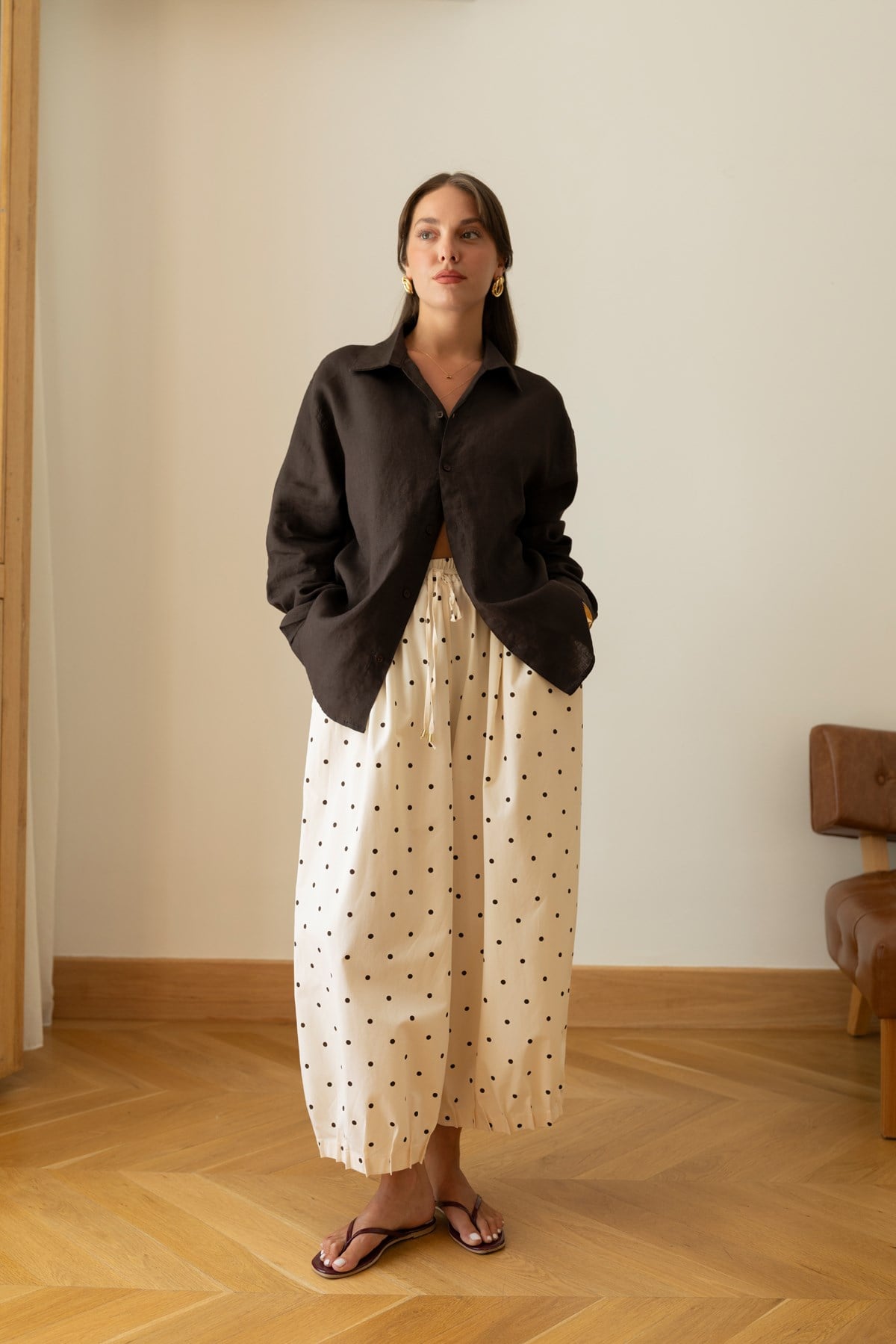 Bej Beli Lastikli Puantiyeli Slouchy Pantolon