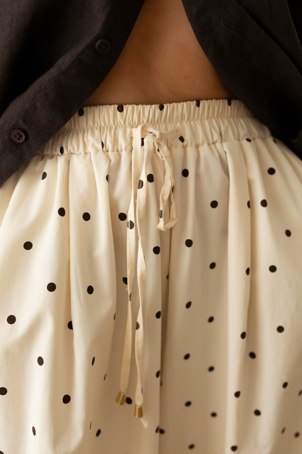 Bej Beli Lastikli Puantiyeli Slouchy Pantolon