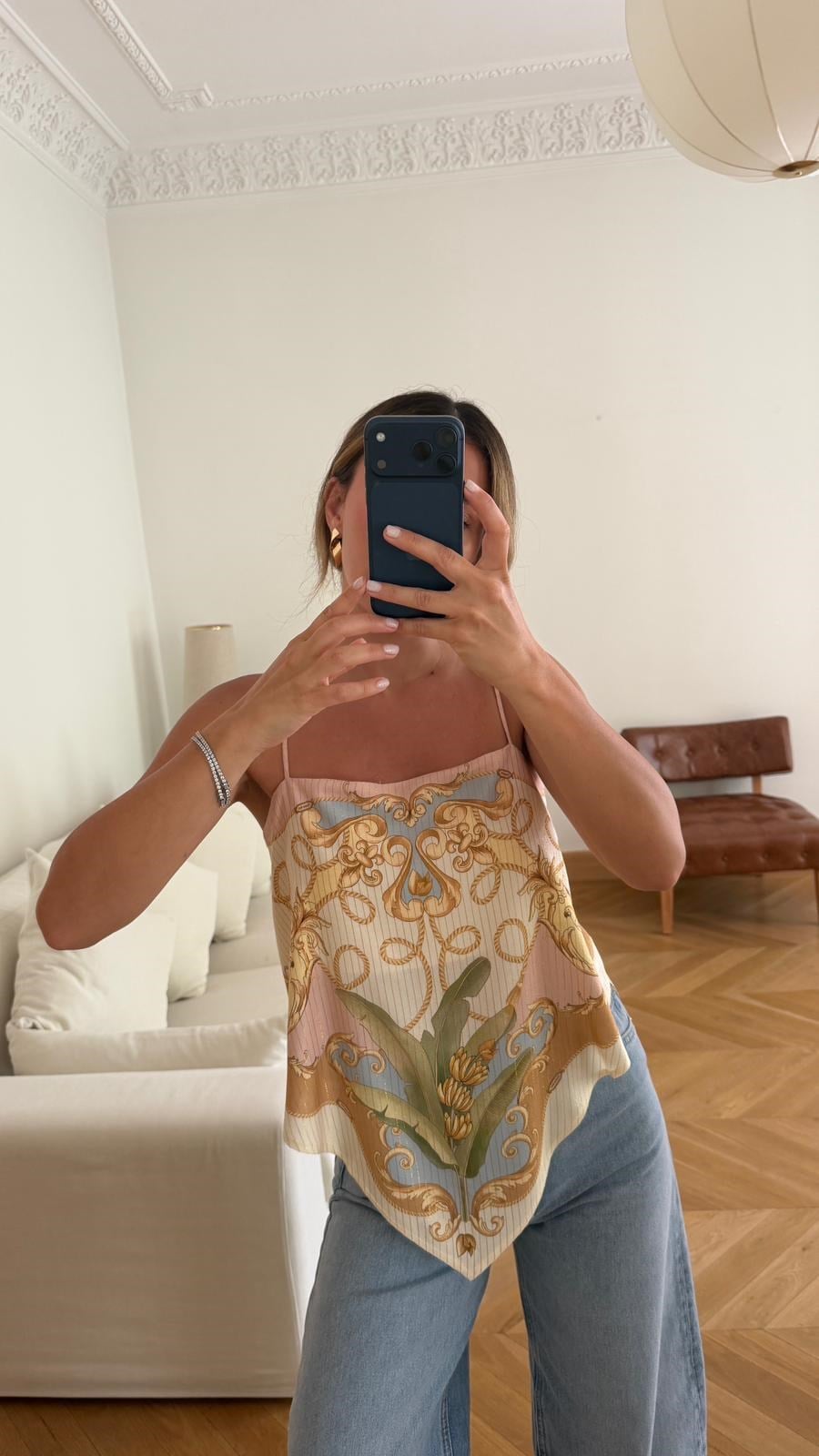 Bej İnce Askılı Şal Desen Bluz