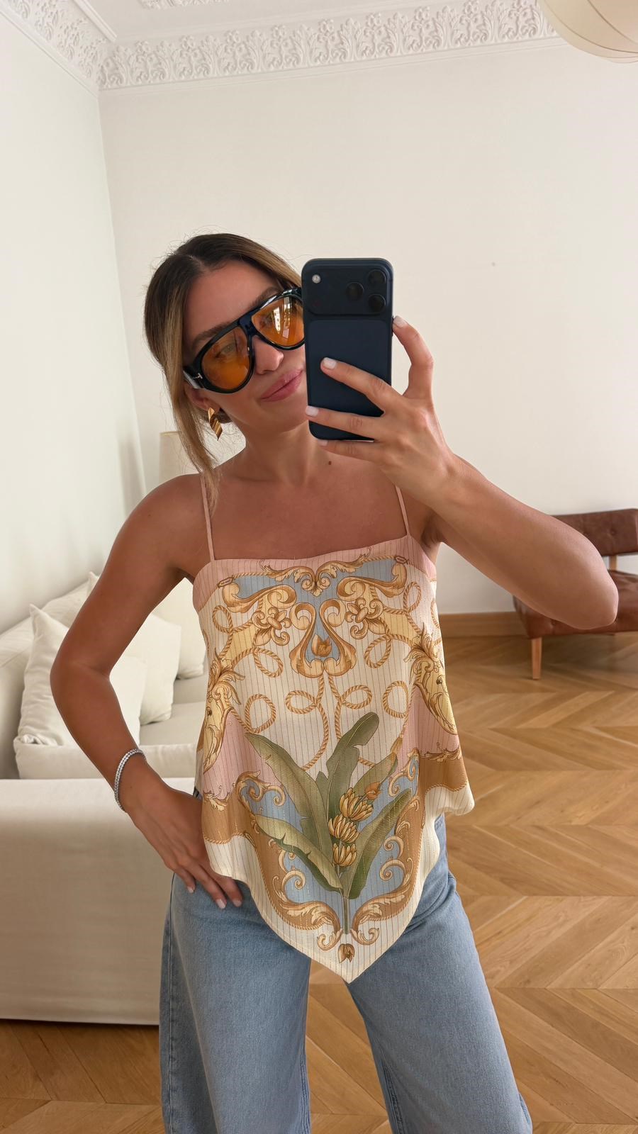 Bej İnce Askılı Şal Desen Bluz