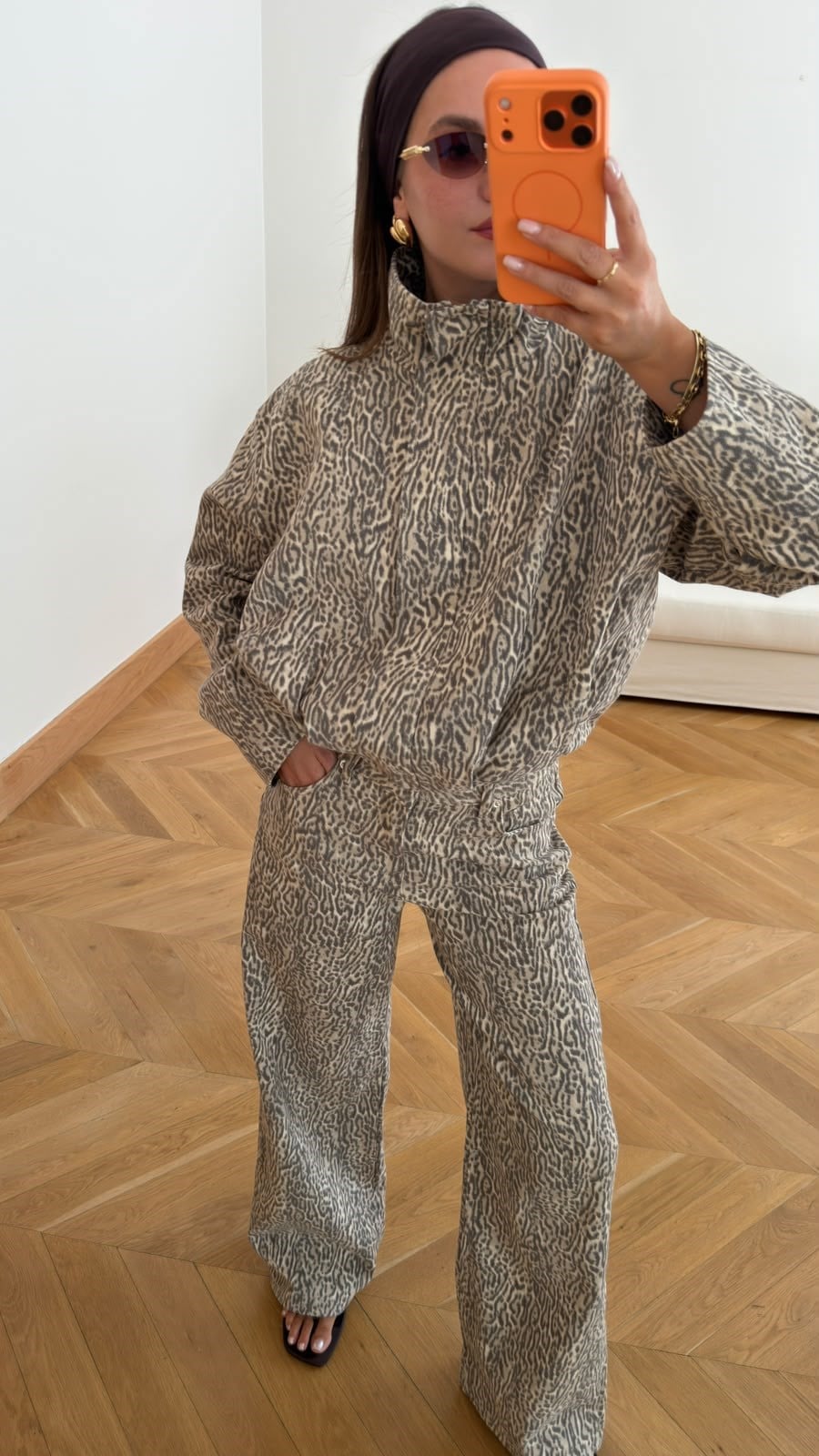 Bej Leopar Desen Dik Yaka Beli Lastikli Bomber Ceket