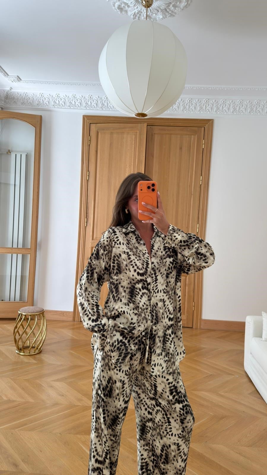 Bej Leopar Desen Gömlek Pantolon Saten Takım