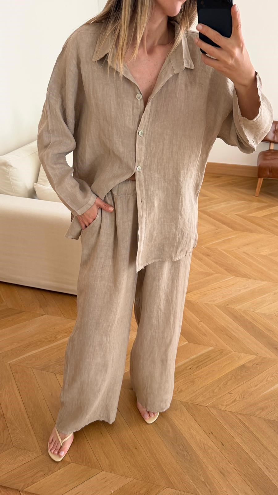 Bej Oversize Gömlek Pantolon %100 Keten Takım