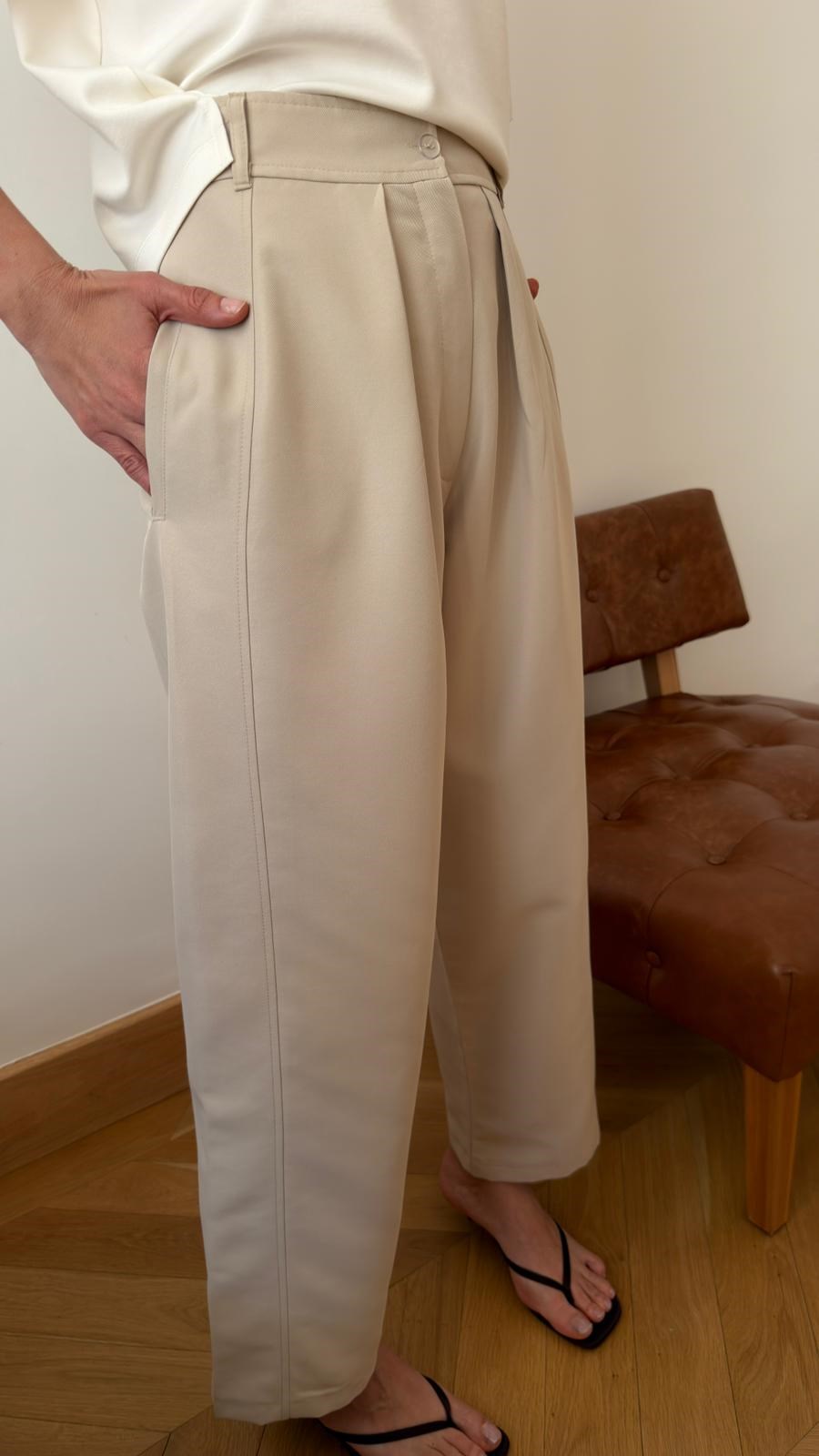 Bej Yan Panelli Filetolu Pantolon