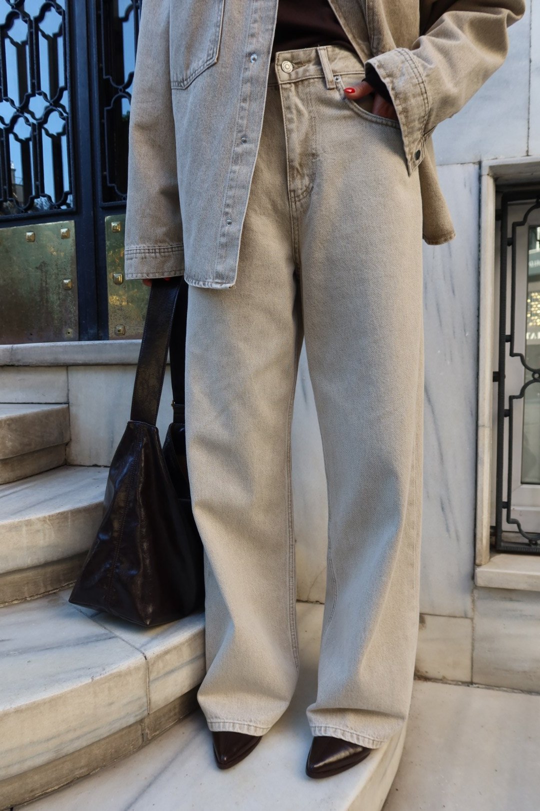 Bej Yüksek Bel Baggy Jean Pantolon