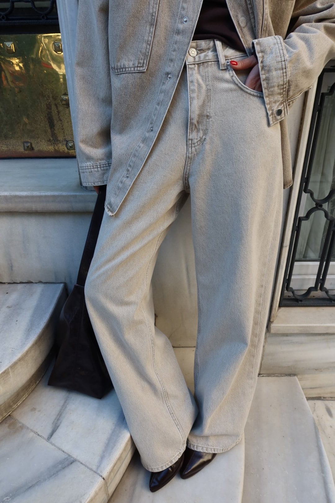 Bej Yüksek Bel Baggy Jean Pantolon