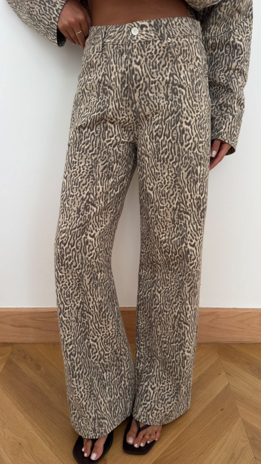 Bej Yüksek Bel Leopar Desen Gabardin Pantolon