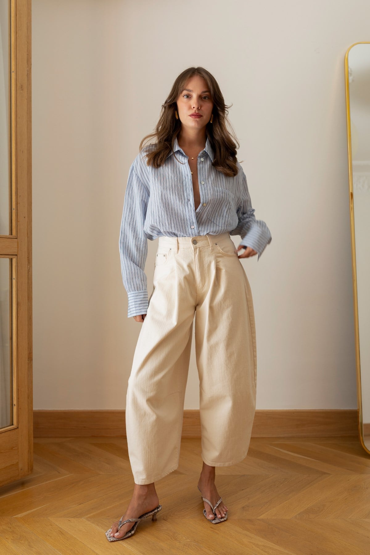 Bej Yüksek Bel Slouchy Jean Pantolon