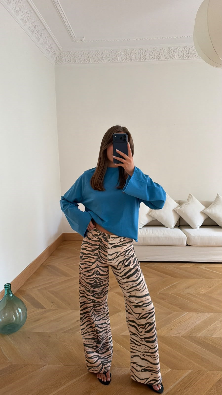 Bej Yüksek Bel Zebra Desen Jean Pantolon