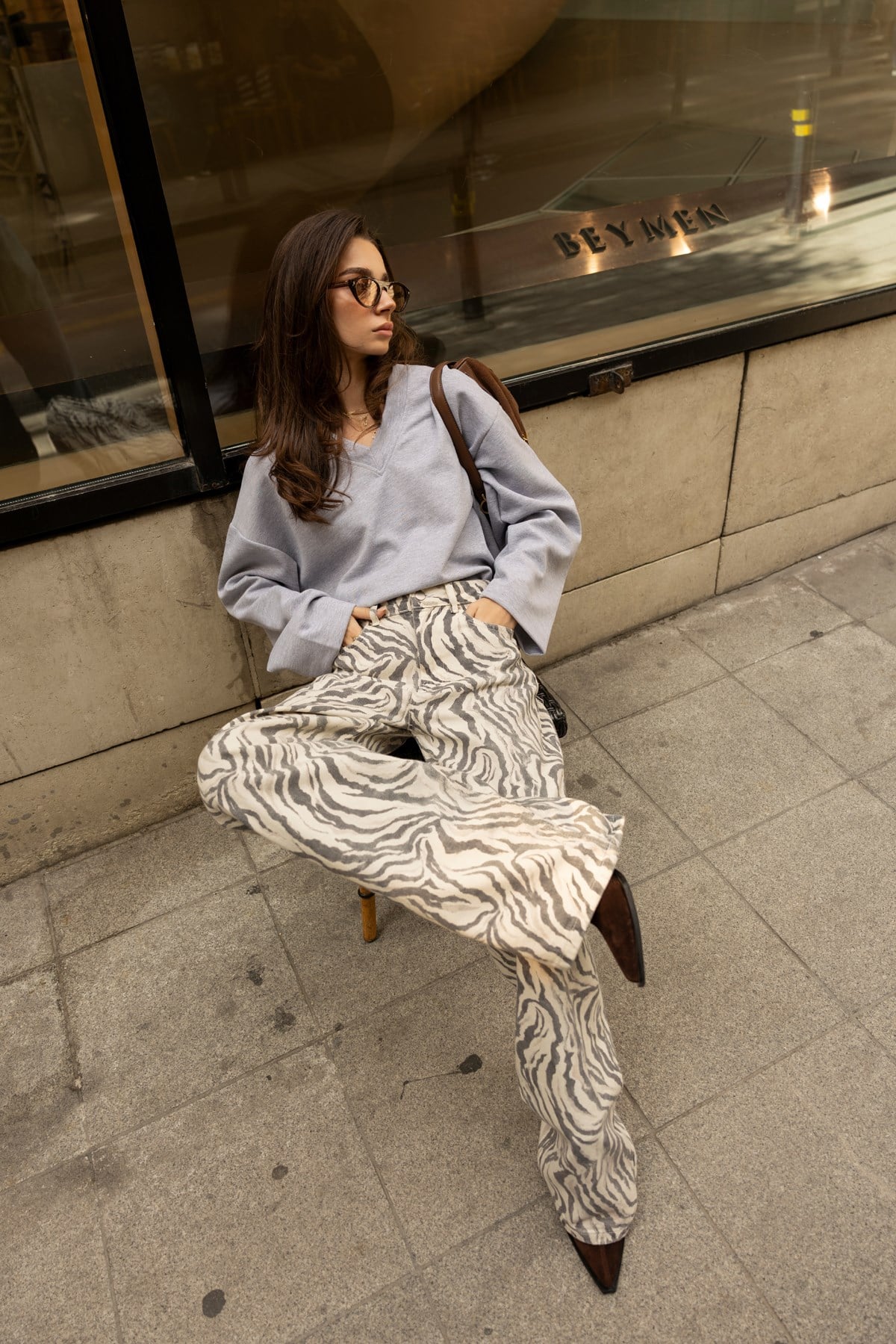 Bej Yüksek Bel Zebra Desenli Gabardin Pantolon