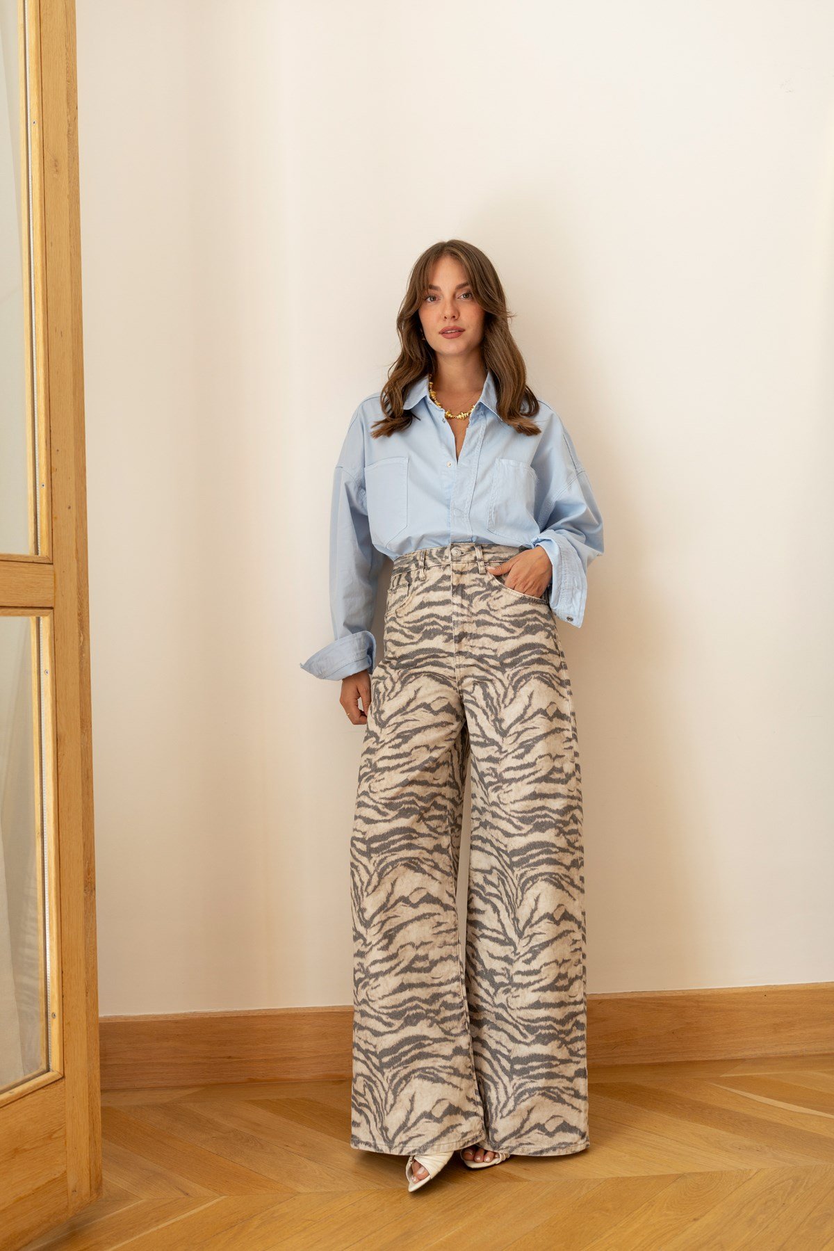 Bej Yüksek Bel Zebra Desenli Palazzo Jean Pantolon