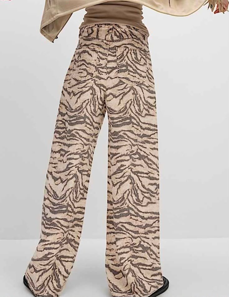 Bej Yüksek Bel Zebra Desenli Palazzo Jean Pantolon