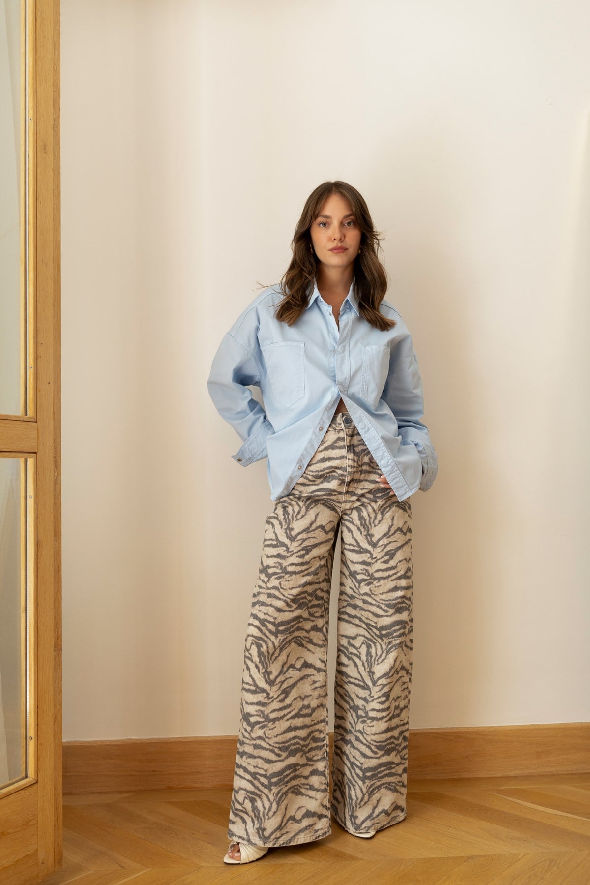 Bej Yüksek Bel Zebra Desenli Palazzo Jean Pantolon