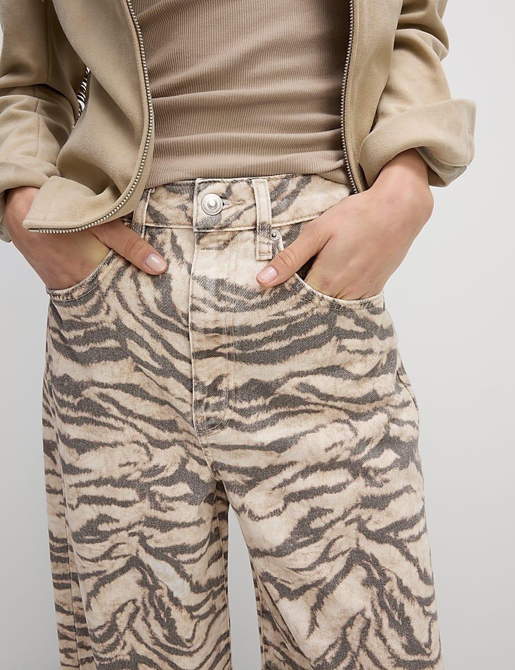 Bej Yüksek Bel Zebra Desenli Palazzo Jean Pantolon