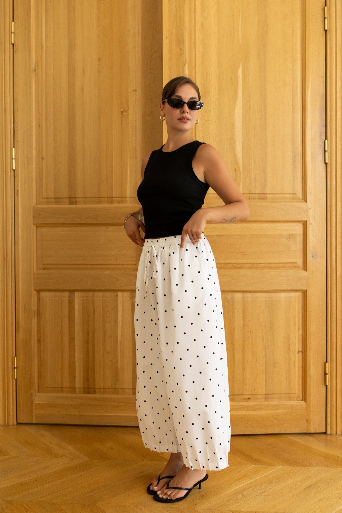 Beyaz Beli Lastikli Puantiyeli Slouchy Pantolon